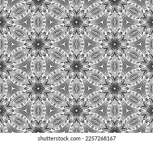 Patrón abstracto de flor sin soldadura. Ornamento hexagonal geométrico floral. Fondo blanco y negro ilimitado. Un diseño gráfico interminable y moderno patrón de repetición. Mosaico de entramado monocromo de moda