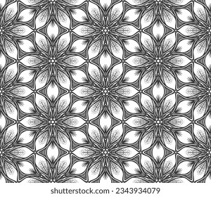Patrón abstracto de flor sin soldadura. Ornamento hexagonal geométrico floral. Fondo blanco y negro ilimitado. Un diseño gráfico interminable y moderno patrón de repetición. Mosaico de entramado monocromo de moda