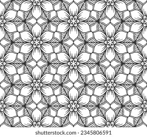 Patrón abstracto de flor sin soldadura. Ornamento hexagonal geométrico floral. Fondo blanco y negro ilimitado. Un diseño gráfico interminable y moderno patrón de repetición. Mosaico de entramado monocromo de moda