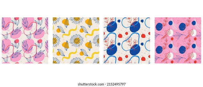 Abstract flower seamless pattern. Hand drawn line wild flowers and leaves with colorful shapes, modern decor, bright colors botanical backgound. Decor textile, wrapping paper wallpaper, vector print