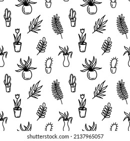 Abstract flower seamless pattern with leaves and dots. Doodle cute black and white background. Summer monochrome simple print. Hand drawn flowers in pots. Black and white wallpaper, cactus, tulip