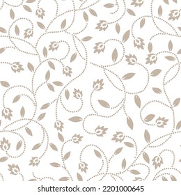 Abstract Flower Seamless Pattern With Leaves And Dots. Doodle Cute Brown Background. Sweet Summer Simple Print