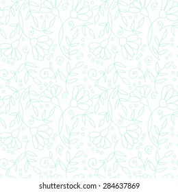 Abstract flower seamless pattern with leaves and dots. Doodle cute green and white background. Sweet summer simple print.