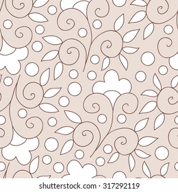 Abstract flower seamless pattern with leaves and dots. Doodle cute background. Sweet summer pretty simple print