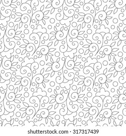 Abstract flower seamless pattern with leaves and dots. Doodle cute black and white background. Sweet summer monochrome simple print.