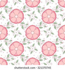 Abstract flower seamless pattern with leaves and dots. 