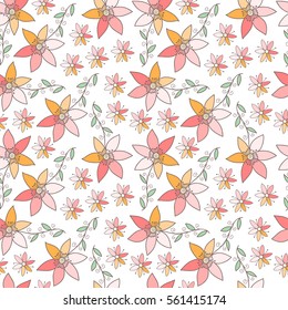 Abstract flower seamless pattern with leaves. Cute colored flower print