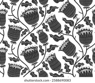 Abstract flower seamless pattern with line art style. floral pattern.