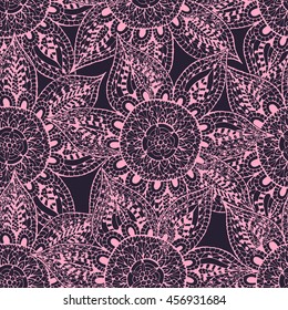 Abstract flower seamless pattern. Multicolored hand drawn pattern, mandala pattern, pink outlines on gray background