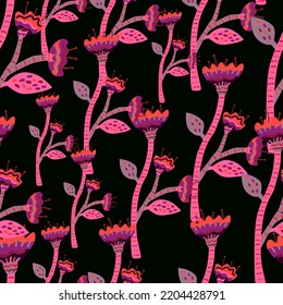 Abstract flower seamless pattern in naive art style. Beautiful floral wallpaper. Cute plants endless backdrop. Design for fabric, textile print, wrapping paper, cover. Vector illustration