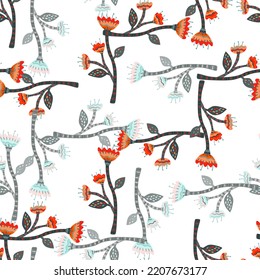 Abstrakte Blumen nahtloses Muster im naiven Kunststil. Schöne Tapete mit Blumen. Geruchte Pflanzen unendlicher Hintergrund. Design für Gewebe, Stoffdruck, Wickelpapier, Deckel. Vektorgrafik