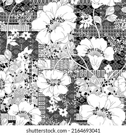 abstract flower seamless pattern on patchwork background