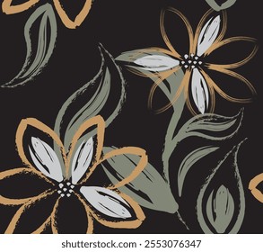 Abstract flower seamless pattern. Flower patter. flowers hand-drawn, Floral brush strokes seamless pattern, Abstract black ink flowers paint brush and strokes, Hand drawn watercolour flowers and leave