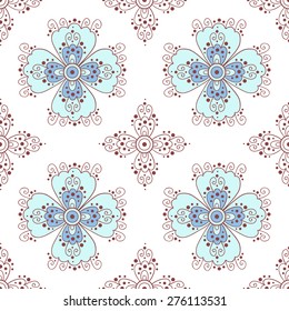 Abstract flower seamless pattern with swirls and dots. Blue flowers