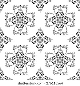 Abstract flower seamless pattern with swirls and dots. Black and white print