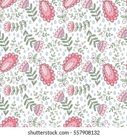 Abstract flower seamless pattern with swirls and drops. Cute flower print