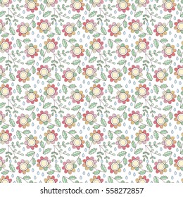 Abstract flower seamless pattern with swirls and drops. Cute flower print