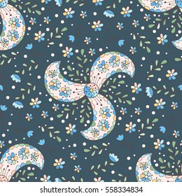 Abstract flower seamless pattern with swirls and drops. Cute colorful flower print