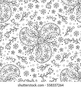 Abstract flower seamless pattern with swirls and drops. Cute black and white flower print. Monochrome seamless pattern