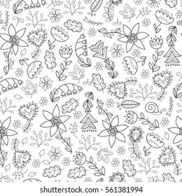 Abstract flower seamless pattern with swirls and drops. Cute black and white flower print. 