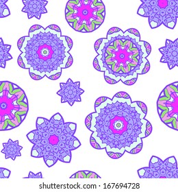 Abstract flower seamless pattern. Vector illustration for your elegance floral background. Purple, white, pink and green colors. Feminine, baby and girl fantasy concept.