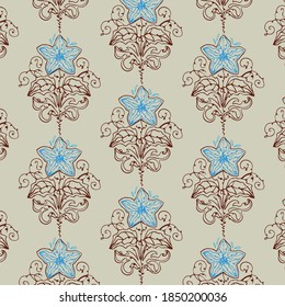 Abstract flower seamless vector pattern. Hand drawn floral elements of beige and blue flowers on a contrast background. Minimal vector graphic design for wallpaper, interior and fashion textiles.
