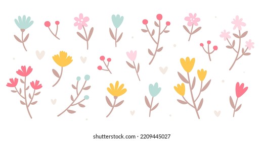 Abstract flower set. Cute organic plants bundle. Collection of simple vector flowers.