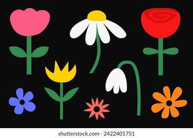 Abstract flower set. Flowers, leaves, plants. Childish simple style. Daisy, tulip, chamomile, lily of the valley, rose bouquet. Floral shapes Modern doodle elements Flat design Black background Vector