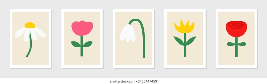 Abstract flower set. Flowers, leaves, plants. Daisy, rose tulip, chamomile, lily of the valley. Childish simple style. Hand drawn posters. Modern floral elements. Flat design. White background Vector