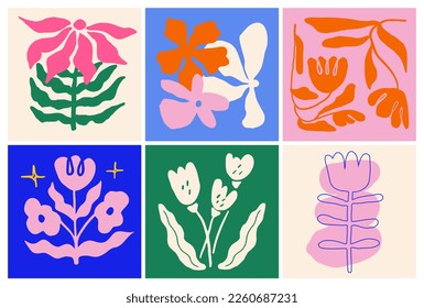 Abstract Flower Shape Poster Hand Drawn Set. Modern naive painting groovy funky interior decoration.