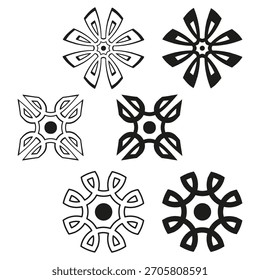 Formas de flores Abstractas. Conjunto de elementos geométricos. Vector de seis pétalos. Gráfico blanco negro.
