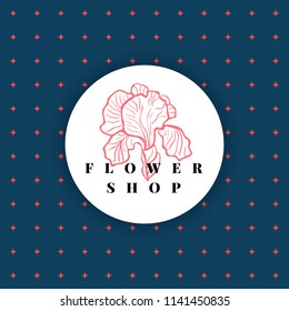 Abstract flower shop logo design. Iris flower icon line minimalistic style, floral label for flower store, beauty salon, spa, yoga studio. Trendy vector illustration