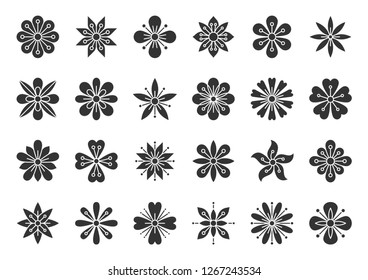 Abstract Flower silhouette icons set. Sign kit of spring floral. Minimal Style pictograms of tribal ethnic, cute decoration, yoga label. Simple plant black symbol isolated. Vector Icon shape for stamp