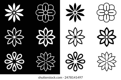 Abstract Flower silhouette icons set, Flower icon, Black and white background