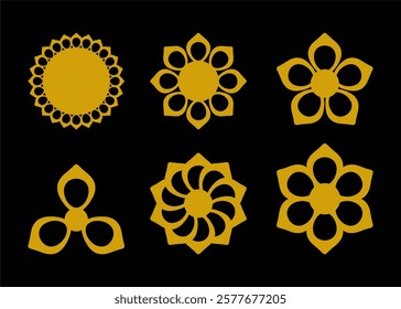 Abstract Flower Silhouette Icons Set. Sign Kit of Spring Floral. Minimal Style Pictograms of Tribal Ethnic, Cute Decoration, Yoga Label. Simple Plant Black Symbol Isolated. Vector Icon shape for stamp