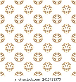 Abstract Flower with Smiling Face vector Hippie Vintage style concept seamless pattern in thin line style