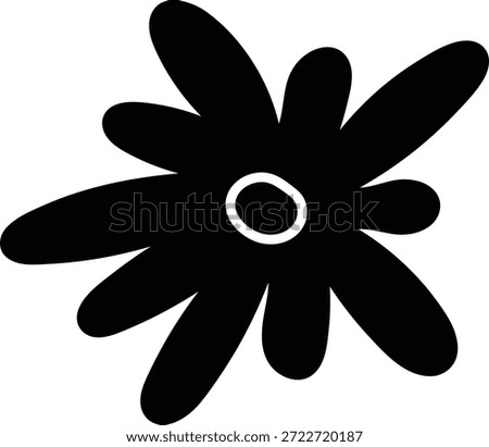 Abstract flower splash with uneven petal burst and central oval, bold silhouette on clean background. Symbol of creativity, energy, bloom, and spontaneity. Cartoon vector illustration.