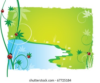 abstract flower spring illustration vector lake ladybug grass water plant