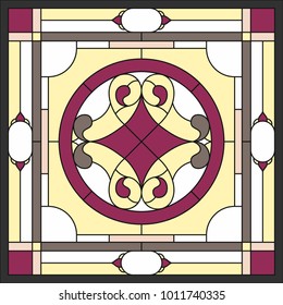 Abstract Flower in square frame, geometric seamless background, window on the ceiling in square frame, symmetric composition, vector illustrations in yellow stained glass window
