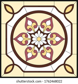 Abstract Flower in square frame, geometric, window on the ceiling in square frame, symmetric composition, vector illustrations in yellow stained glass window