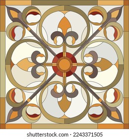 Abstract flower in square frame, geometric ornate pattern tile. Window on the ceiling in square frame, symmetric composition, yellow and biege color. Stained glass window. Mosaic floor. Vector 