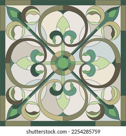 Abstract flower in square frame, geometric gothic ornate pattern tile. Window on the ceiling in square frame, green and beige color. Medieval stained glass window. Mosaic floor. Vector 