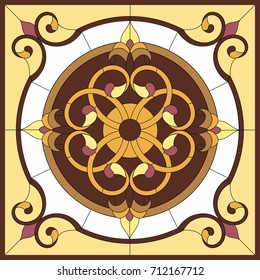 Abstract Flower in square frame, geometric, window on the ceiling in square frame, symmetric composition, vector illustrations in yellow stained glass window