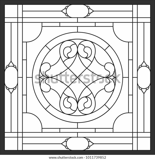 正方形の枠に抽象的花 幾何学的なシームレスな背景 正方形の枠に天井の窓 対称的な構図 窓用ベクターイラストステンドグラスパネル のベクター画像素材 ロイヤリティフリー