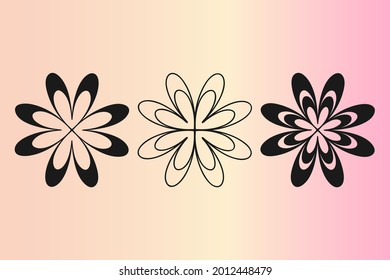 Abstract flower symbol, icons set, black stroke outline, filled shapes, flat design, silhouettes for web decorative card, flyer, app. Gradient pink background. Vector illustration