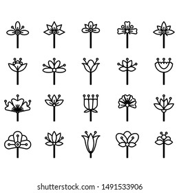 Abstract Flower thin line icon set. Outline sign kit of spring floral. Minimal Style linear icons of beauty pattern, tribal ethnic, chamomile. Flower bud simple symbol on white. Vector Illustration