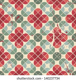Abstract flower tiles seamless pattern, retro style repeating vector background with grunge texture. Texture is also seamless and can be used separately. 