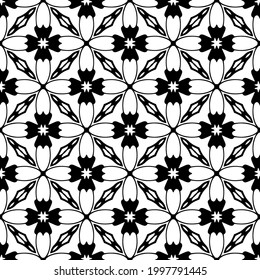 Abstract Flower Tiles. Seamless Vector Pattern Design. Black and white pattern. 