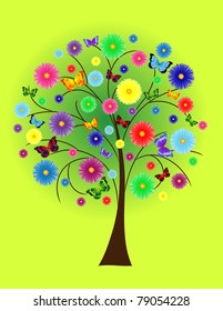 Abstract flower tree with colored butterflies