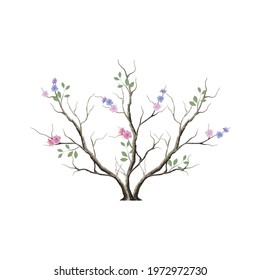 Abstract Flower tree hand drawn, branches and colorful flowers